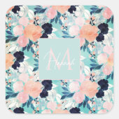 ブルーピンクエレガントミント花水彩フローラ スクエアシール (正面)