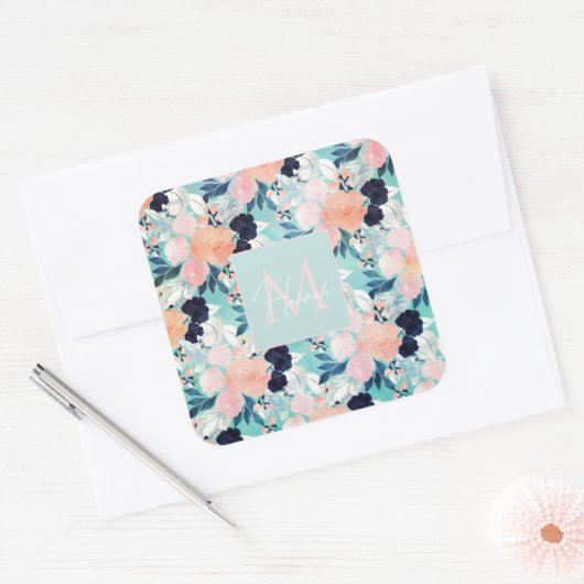 ブルーピンクエレガントミント花水彩フローラ スクエアシール (封筒)