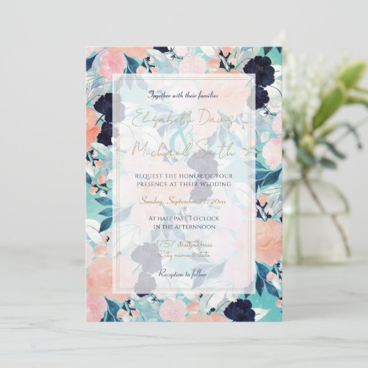ブルーピンクエレガントミント花水彩フローラ 招待状 (スタンド正面)