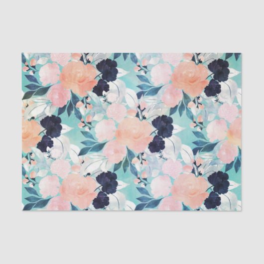 ブルーピンクエレガントミント花水彩フローラ 薄葉紙 (正面)