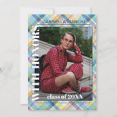 ブルーピンクオレンジイエロータータンチェックプライド卒業 案内状 (正面)