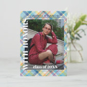 ブルーピンクオレンジイエロータータンチェックプライド卒業 案内状 (スタンド正面)