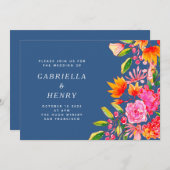 ブルーピンクオレンジウォーターシンプルカラーフローラ結婚ズ 招待状 (正面/裏面)