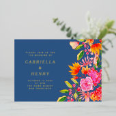 ブルーピンクオレンジ色の水色フローラ結婚の金ゴールド 箔招待状 (立ち正面)