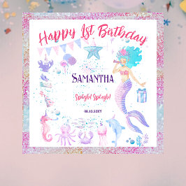 ブルーピンクガールMermaidパーティー1st誕生日の背景 タペストリー