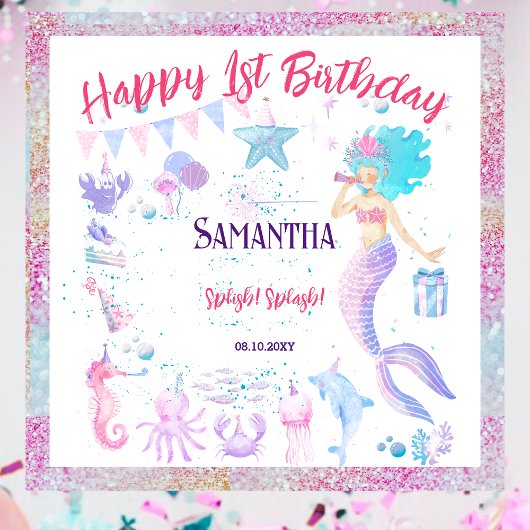 ブルーピンクガールMermaidパーティー1st誕生日の背景 タペストリー