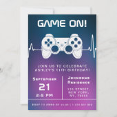 ブルーピンクグラデーションビデオゲーマーゲーマーゲーミングキッド誕生日 招待状 (正面)