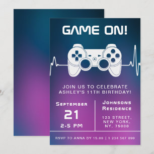 ブルーピンクグラデーションビデオゲーマーゲーマーゲーミングキッド誕生日 招待状
