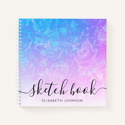 ブルーピンクグラデーションフローラ名ガーリーSketchbook ノートブック (正面)