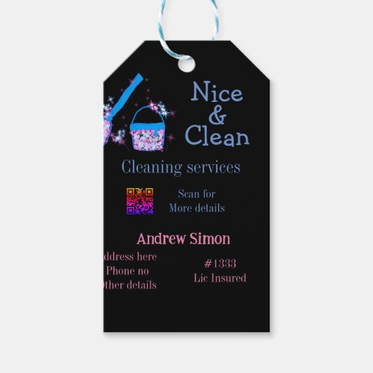 ブルーピンクグリッタークリーンモップ追加アドレスq r b ギフトタグ (正面)