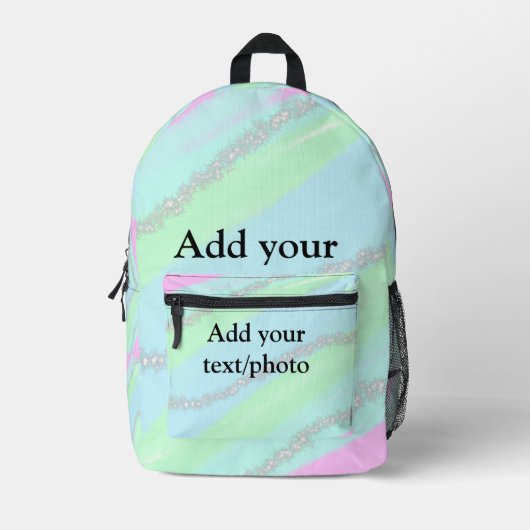 ブルーピンクグリーングリッタースパークルパステル名p プリントバックパック (正面)