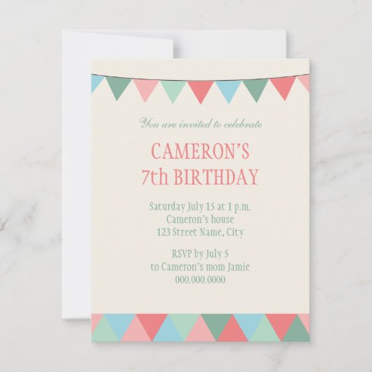 ブルーピンクグリーンストリングペンノン子供の誕生日 招待状 (正面)