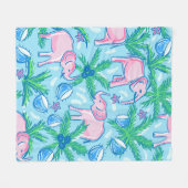 ブルーピンクグリーン名門私立校風のゾウ フリースブランケット (正面(横))