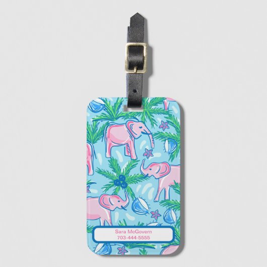 ブルーピンクグリーン名門私立校風のゾウ ラゲッジタグ (正面縦)