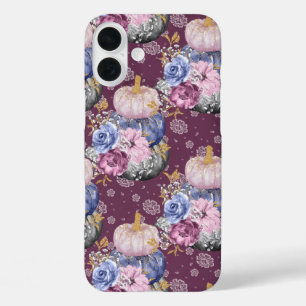 ブルーピンクグレーハロウィンカボチャ&フラワーズ iPhone 16 PLUSケース