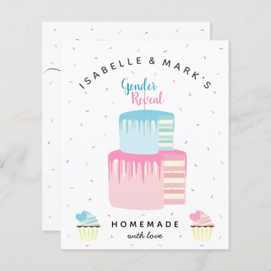 ブルーピンクケーキジェンダーリビールパーティの招待状 (正面/裏面)