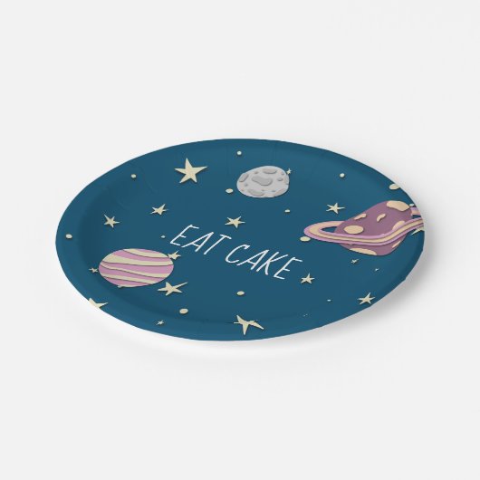 ブルーピンクケ食べーキ宇宙イエロースターズ ペーパープレート (アングル)