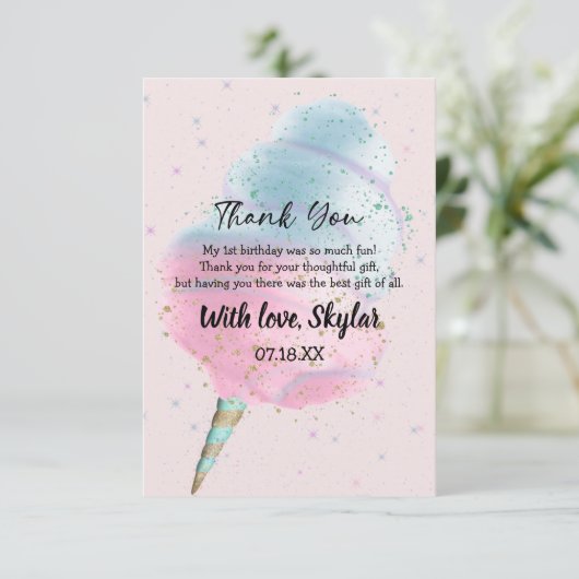 ブルーピンクコットンキャンディブロンズゴールドグリッター誕生日 サンキューカード (スタンド正面)