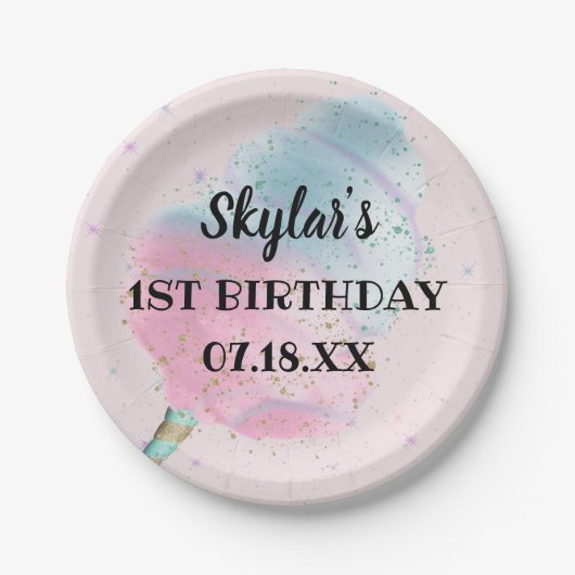 ブルーピンクコットンキャンディブロンズゴールドグリッター誕生日 ペーパープレート (正面)
