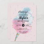 ブルーピンクコットンキャンディブロンズゴールドグリッター誕生日 招待状 (正面/裏面)