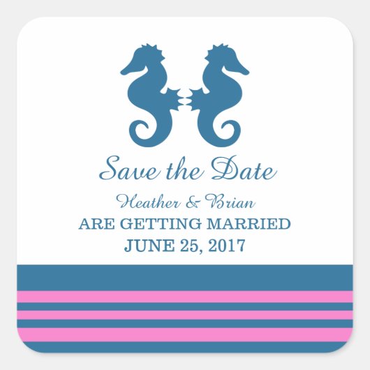 ブルーピンクシー航海のホース日付を保存 スクエアシール (正面)