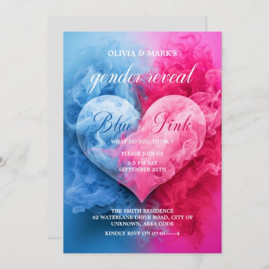 ブルーピンクスモークハートベビージェンダー表示パーティー 招待状 (正面/裏面)