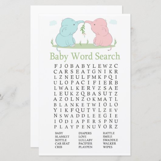 ブルーピンクゾウ赤ちゃんシャワー語検索ゲーム (正面/裏面)