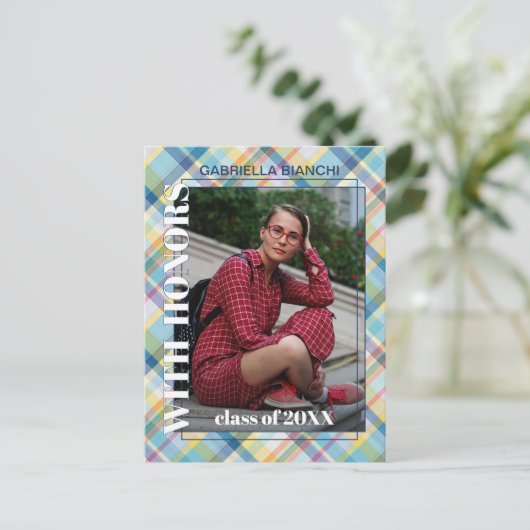 ブルーピンクタータンチェックプライド卒業発表 ポストカード (スタンド正面)