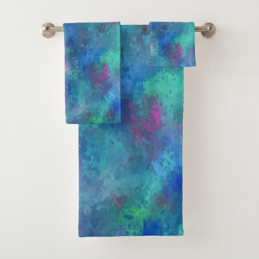 ブルーピンクティール(緑がかった色)水彩抽象化 バスタオルセット (インサイチュ)