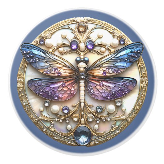 ブルーピンクトンボ真珠大切石 セラミックノブ (正面)