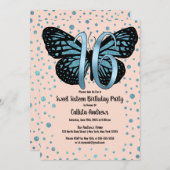 ブルーピンクバタフライグリッター紙吹雪スウィート16 招待状 (正面/裏面)