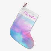 ブルーピンクパステル水彩独自の名前を追加 スモールクリスマスストッキング (正面 (吊り時))