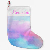 ブルーピンクパステル水彩独自の名前を追加 スモールクリスマスストッキング (正面)