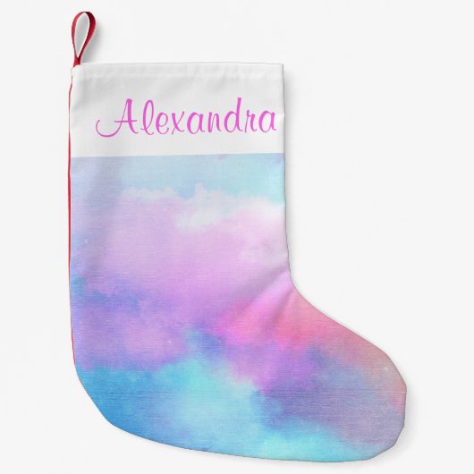 ブルーピンクパステル水彩独自の名前を追加 スモールクリスマスストッキング (正面)