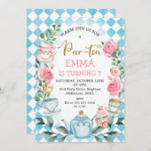 ブルーピンクパルティーティーパーティー誕生日招待状 招待状 (正面/裏面)