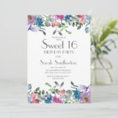 ブルーピンクパープルフローラスウィート16誕生日パーティー 招待状 (スタンド正面)