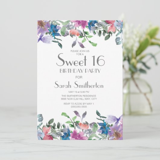 ブルーピンクパープルフローラスウィート16誕生日パーティー 招待状 (スタンド正面)