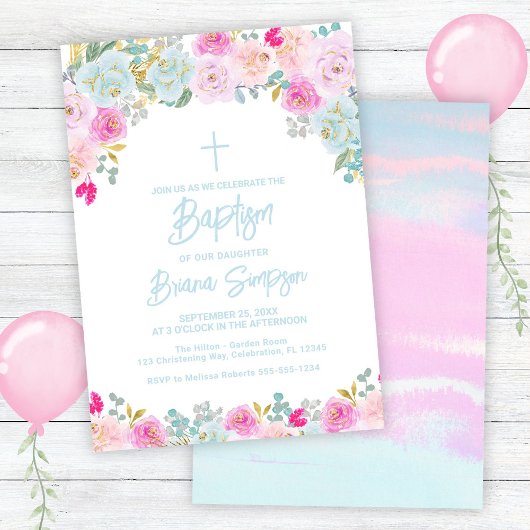ブルーピンクピーチパープルフラワーズバプテスマフローラ 招待状