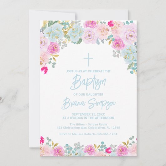 ブルーピンクピーチパープルフラワーズバプテスマフローラ 招待状 (正面)