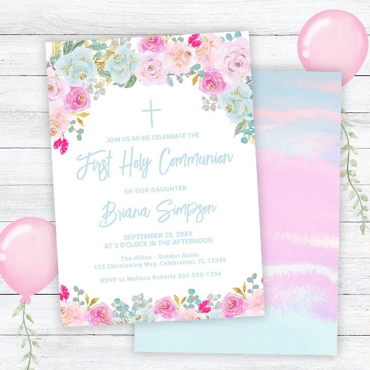 ブルーピンクピーチパープルフローラファーストホーリーコミュニオン 招待状