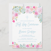 ブルーピンクピーチパープルフローラファーストホーリーコミュニオン 招待状 (正面)