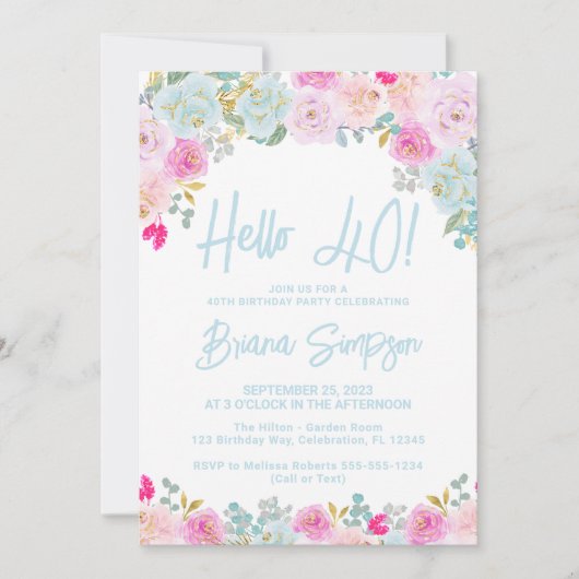 ブルーピンクピーチパープルフローラ40th誕生日パーティー 招待状 (正面)