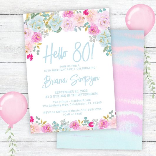 ブルーピンクピーチパープルフローラ80th誕生日パーティー 招待状
