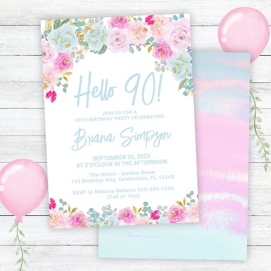ブルーピンクピーチパープルフローラ90th誕生日パーティー 招待状