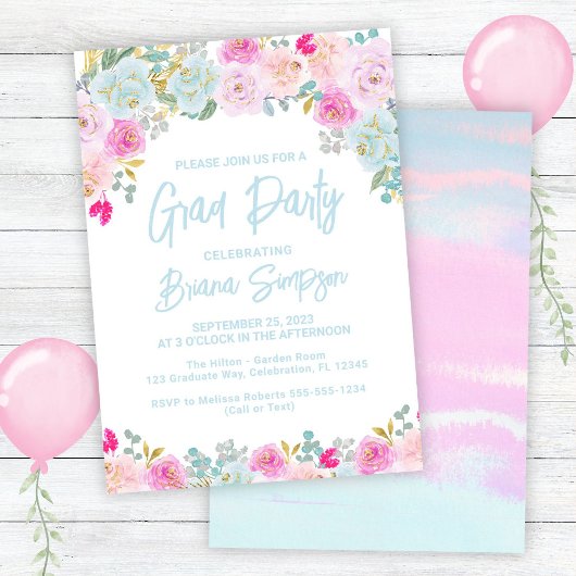 ブルーピンクピーチパープル卒業式グラードパーティー 招待状