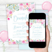 ブルーピンクピーチフローラオンダーフル誕生日 招待状