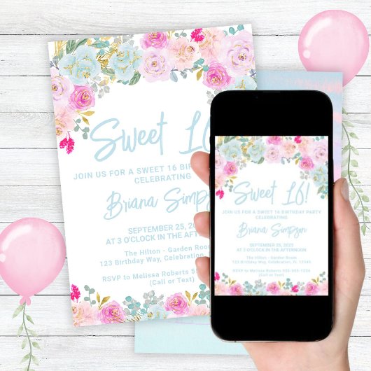 ブルーピンクピーチフローラスウィート16バースデーパーティー 招待状