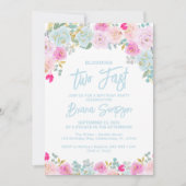 ブルーピンクピーチフローラトゥート高速誕生日 招待状 (正面)