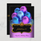 ブルーピンクファブラスブラック金ゴールドバルーン誕生日 招待状 (正面/裏面)