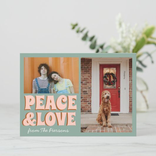 ブルーピンクファンキーの平和と愛の写真クリスマス カード (スタンド正面)